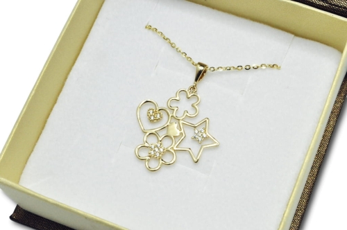 Złota zawieszka 0,585 Serce, kwiatki i gwiazda