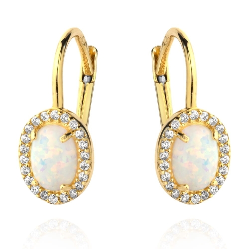 Kolczyk złoty Opal owalny otoczony cyrkoniami