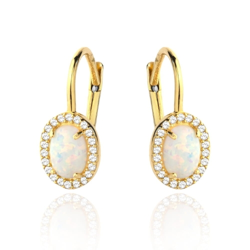 Kolczyk złoty Opal owalny otoczony cyrkoniami