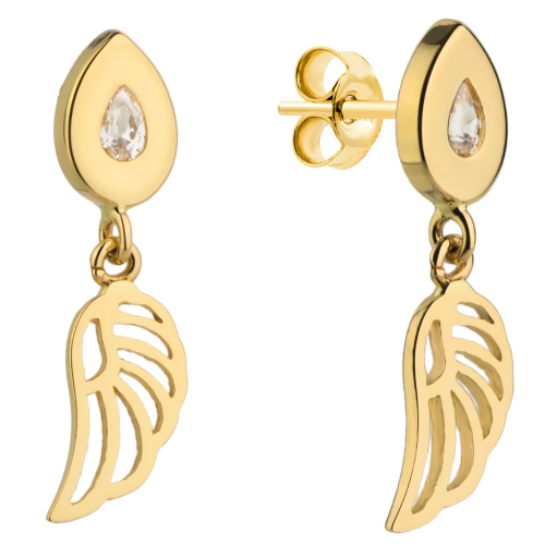 Kolczyki złote skrzydełko zawieszone na łezce z cyrkonią