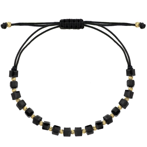 Bransoletka złote diamentowane kulki i czarne kamienie na sznurku