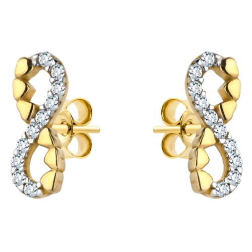 Kolczyki złote znak nieskończoności, cyrkonie i serduszka