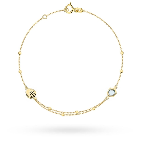 Bransoletka złota z błękitnym kamieniem, muszlą i kulkami party