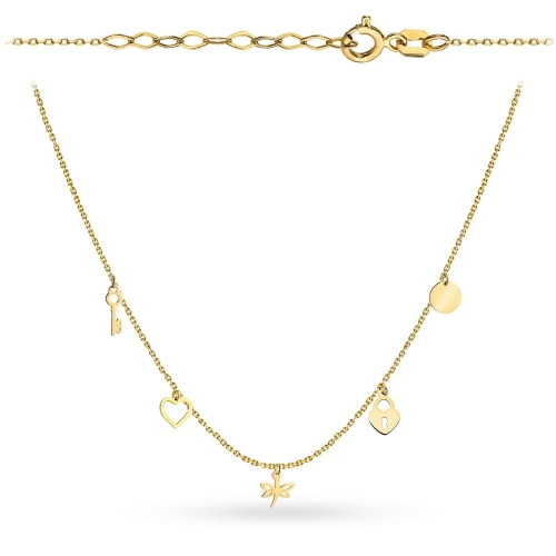 Naszyjnik złoty kluczyk, serce, ważka, kłódka i pełne kółko