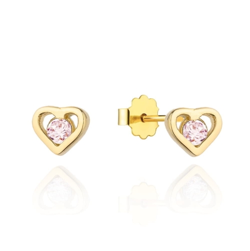 Kolczyki złote serduszka z różową cyrkonią