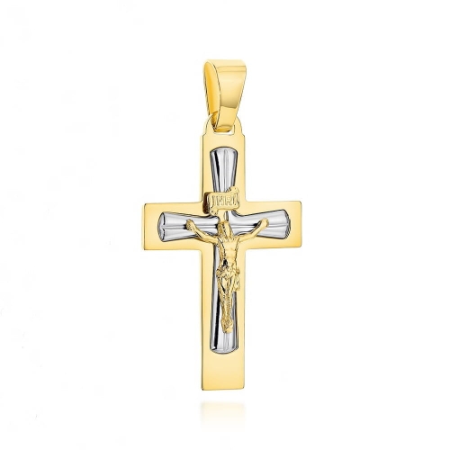 Krzyżyk złoty z ukrzyżowanym Jezusem w dwóch kolorach złota