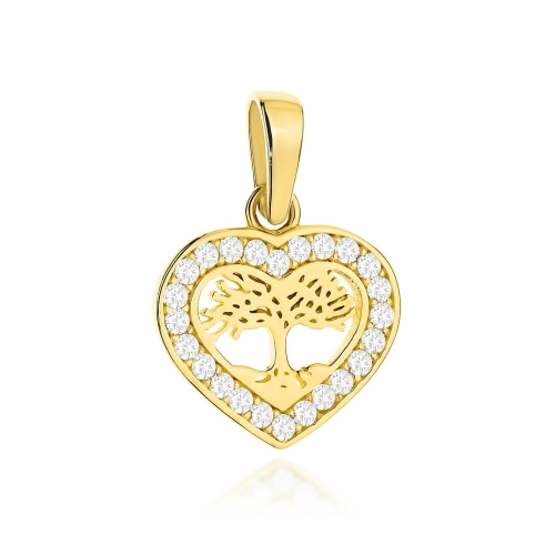Zawieszka złota drzewko szczęścia w serduszku wysadzanym cyrkoniami