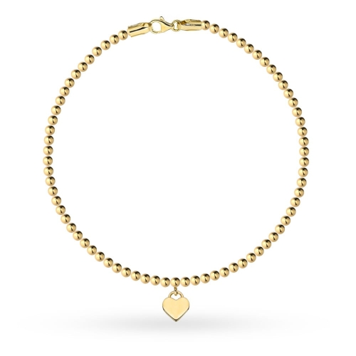 Bransoletka złota złożona z gładkich kuleczek i wiszącym sercem