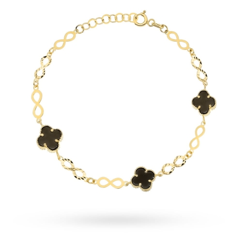 Bransoletka złota znaki nieskończoności i czarne koniczynki