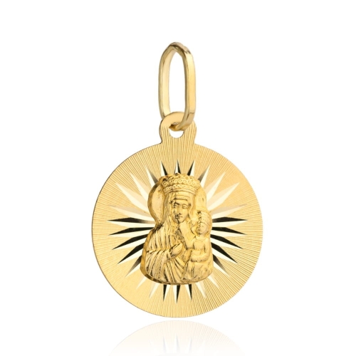Medalik złoty Matka Boska Częstochowska z promieniami w kole