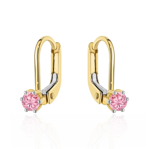 Kolczyki złote różowa pojedyncza cyrkonia na angielskim zapięciu
